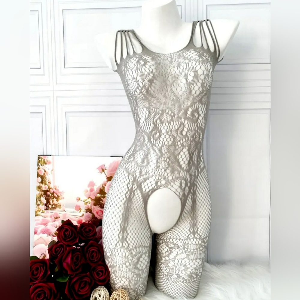 Elegant Gray Lace Bodysuit Lingerie, Osfm